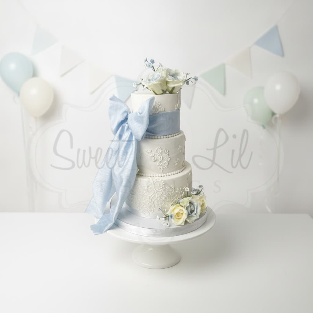 3 Tier Blue Bow Wedding Cake