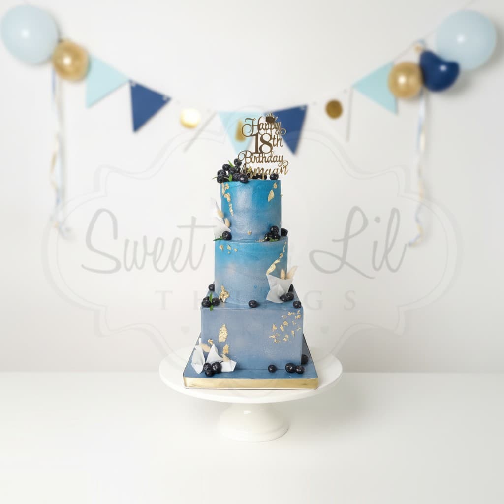 3 Tier Blue Watercolour 18th Birthday Cake