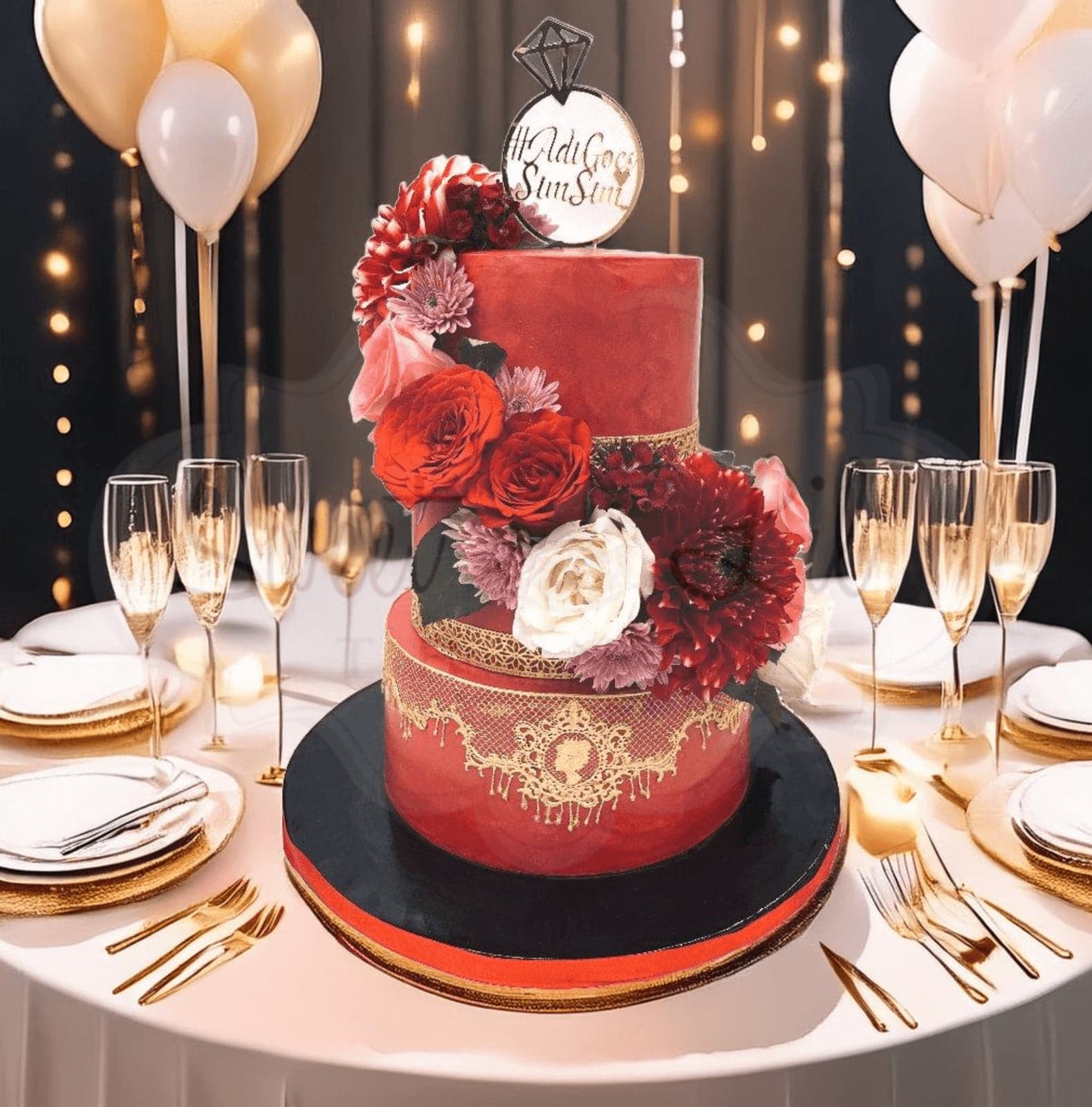 3 Tier Engagement Cake with Flowers and Golden Lace