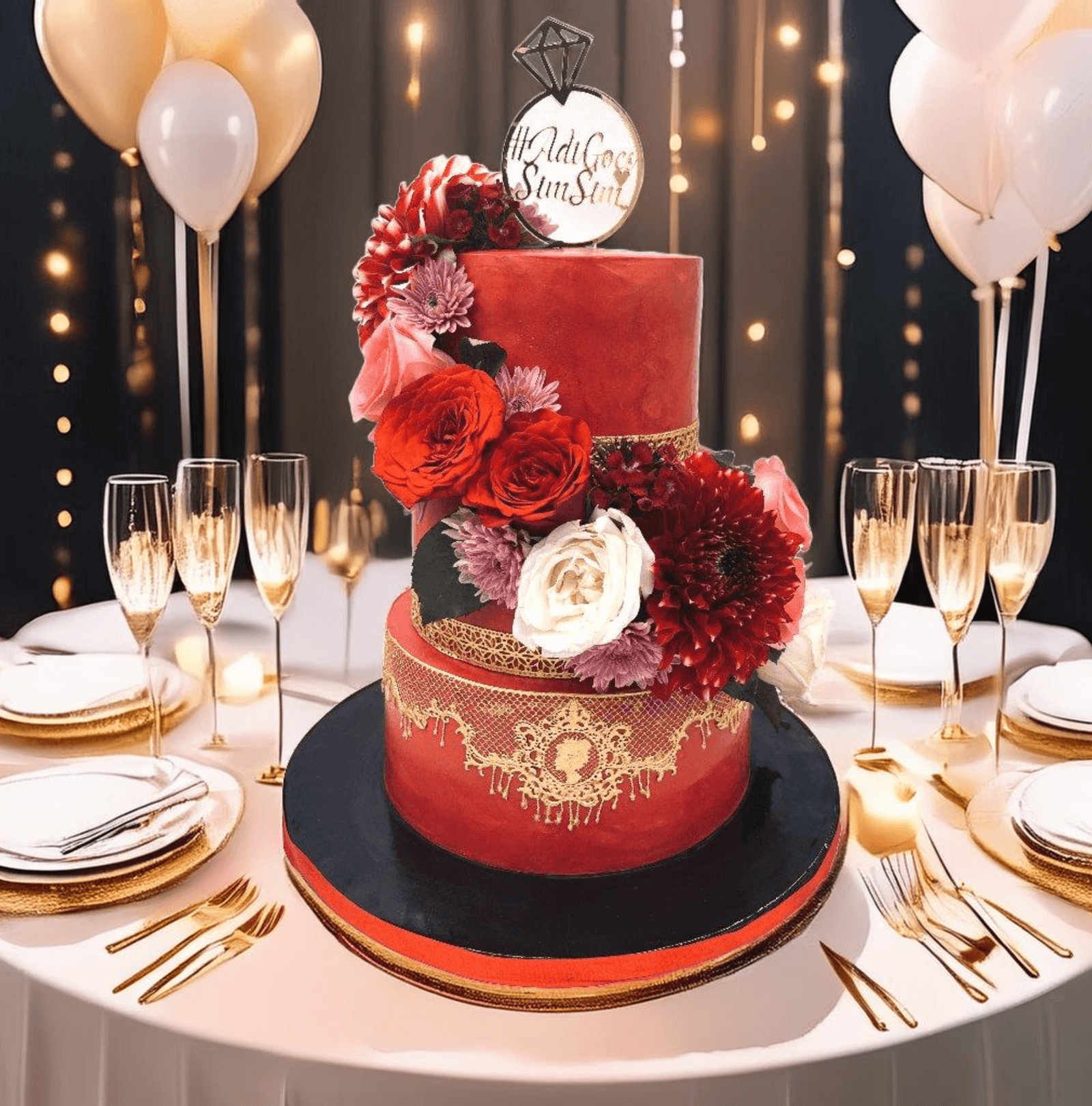 3 Tier Engagement Cake with Flowers and Golden Lace