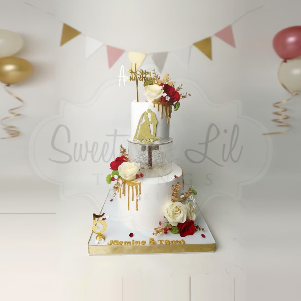 3 Tier Gold Drip Anniversary Cake