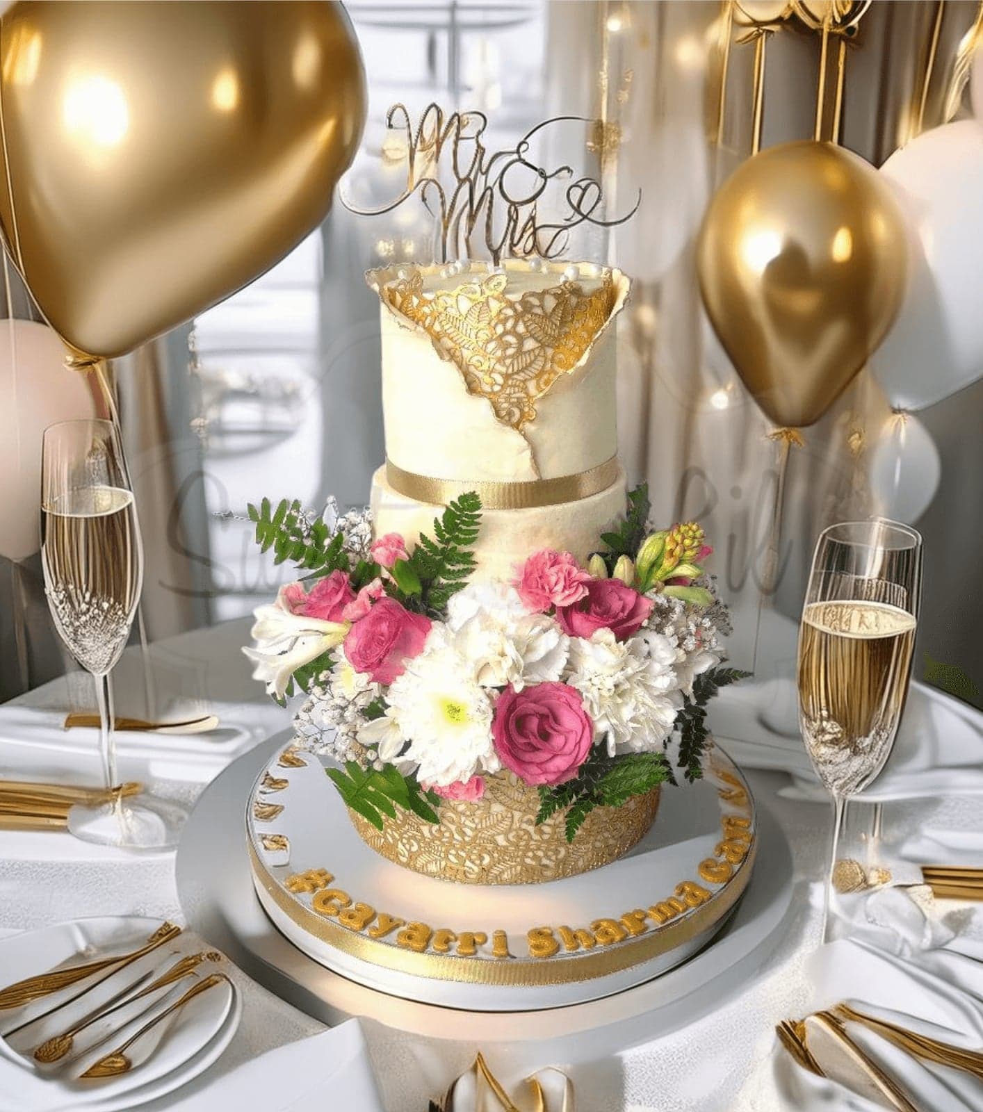 3 Tier White and Gold Engagement Cake