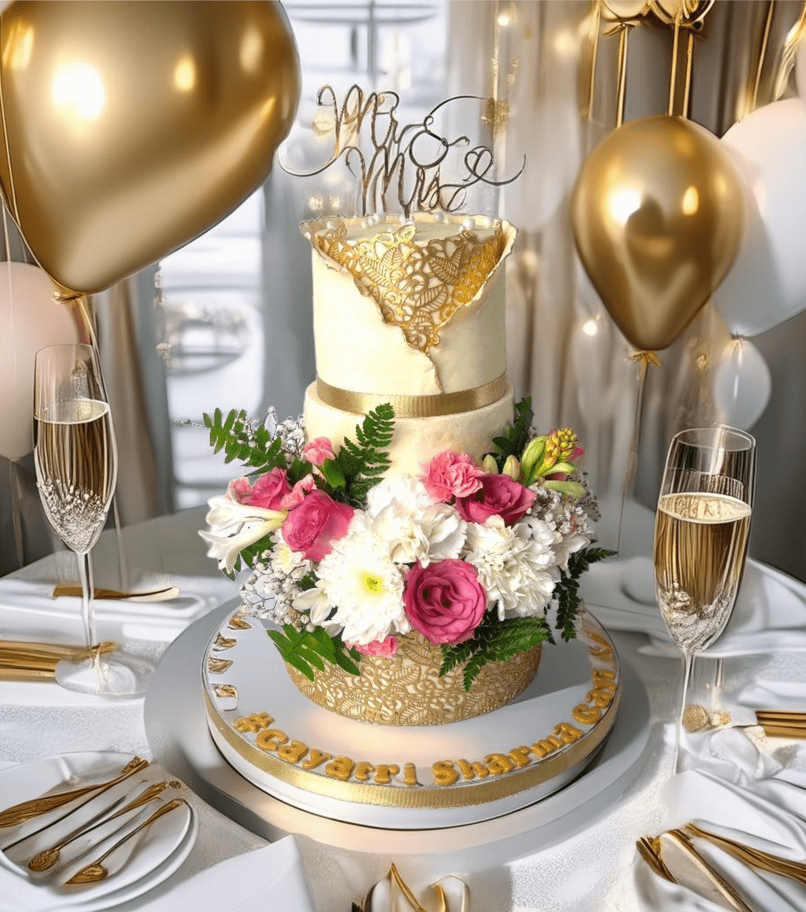 3 Tier White and Gold Engagement Cake