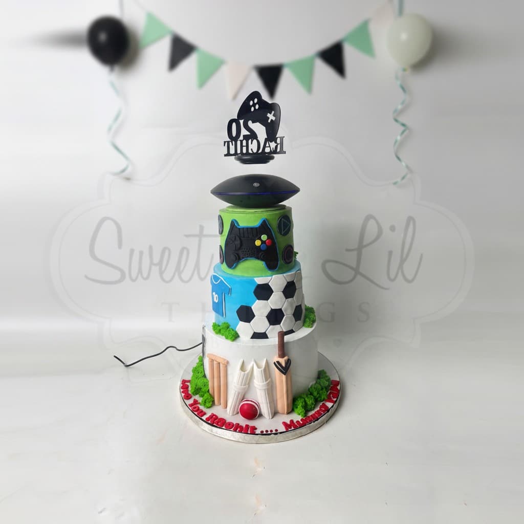 Cricket,football,gaming theme cake