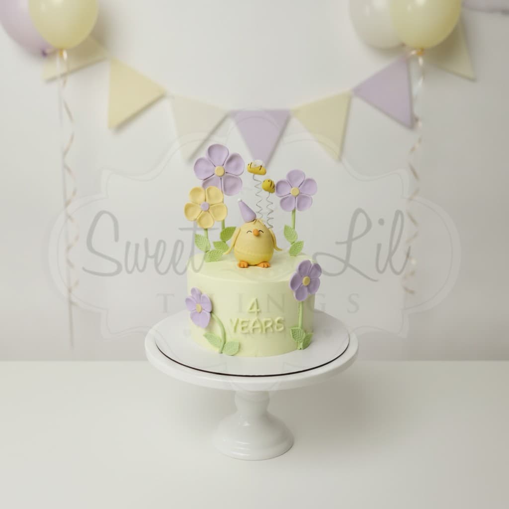 Baby Chick and Flowers Birthday Cake