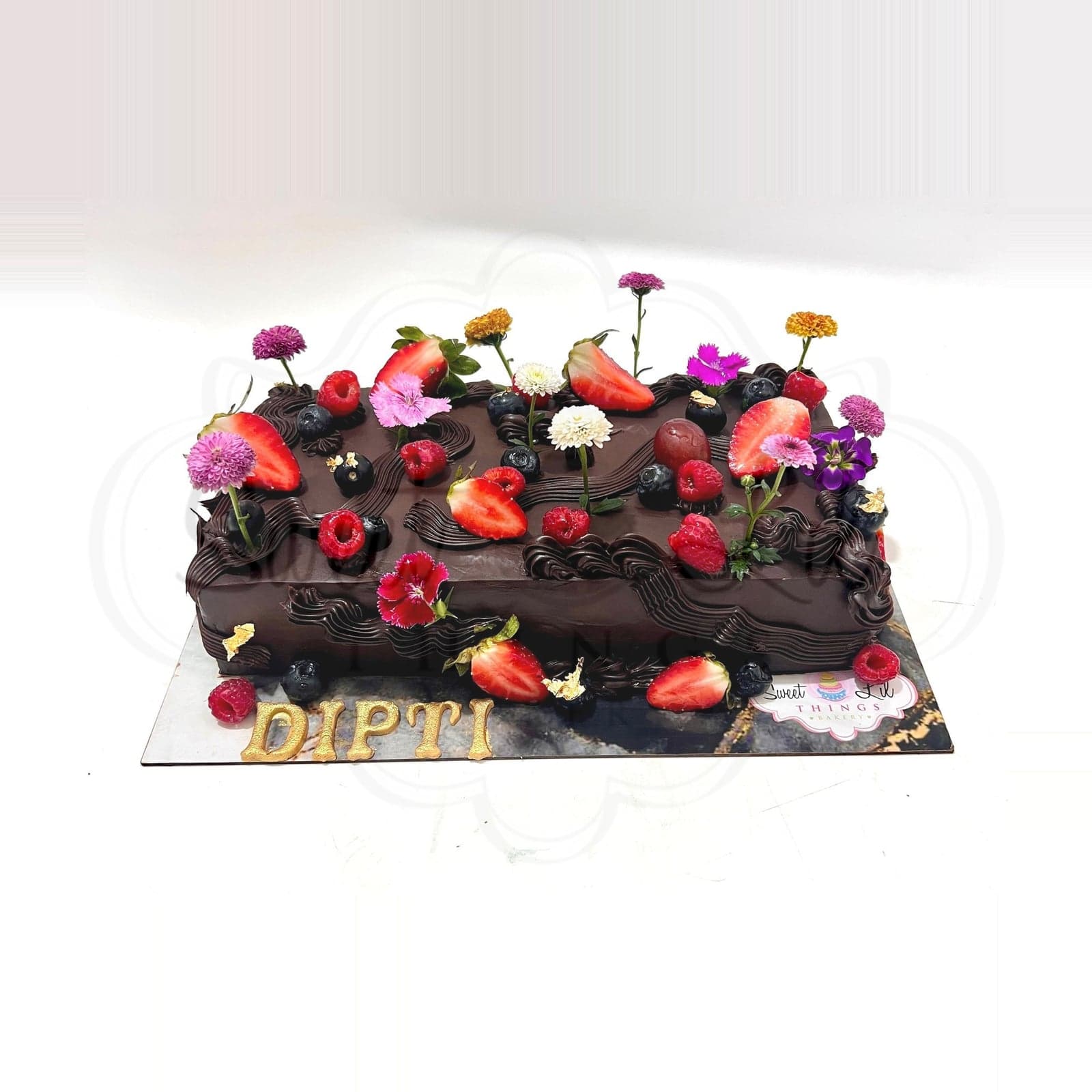 Berries and Edible Flowers Chocolate Cake photo 2