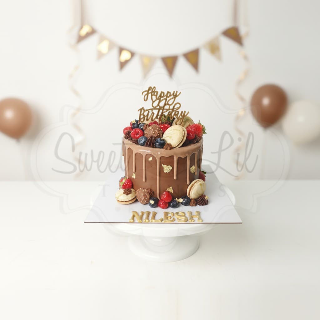 Chocolate Drip Berries and Macarons Cake