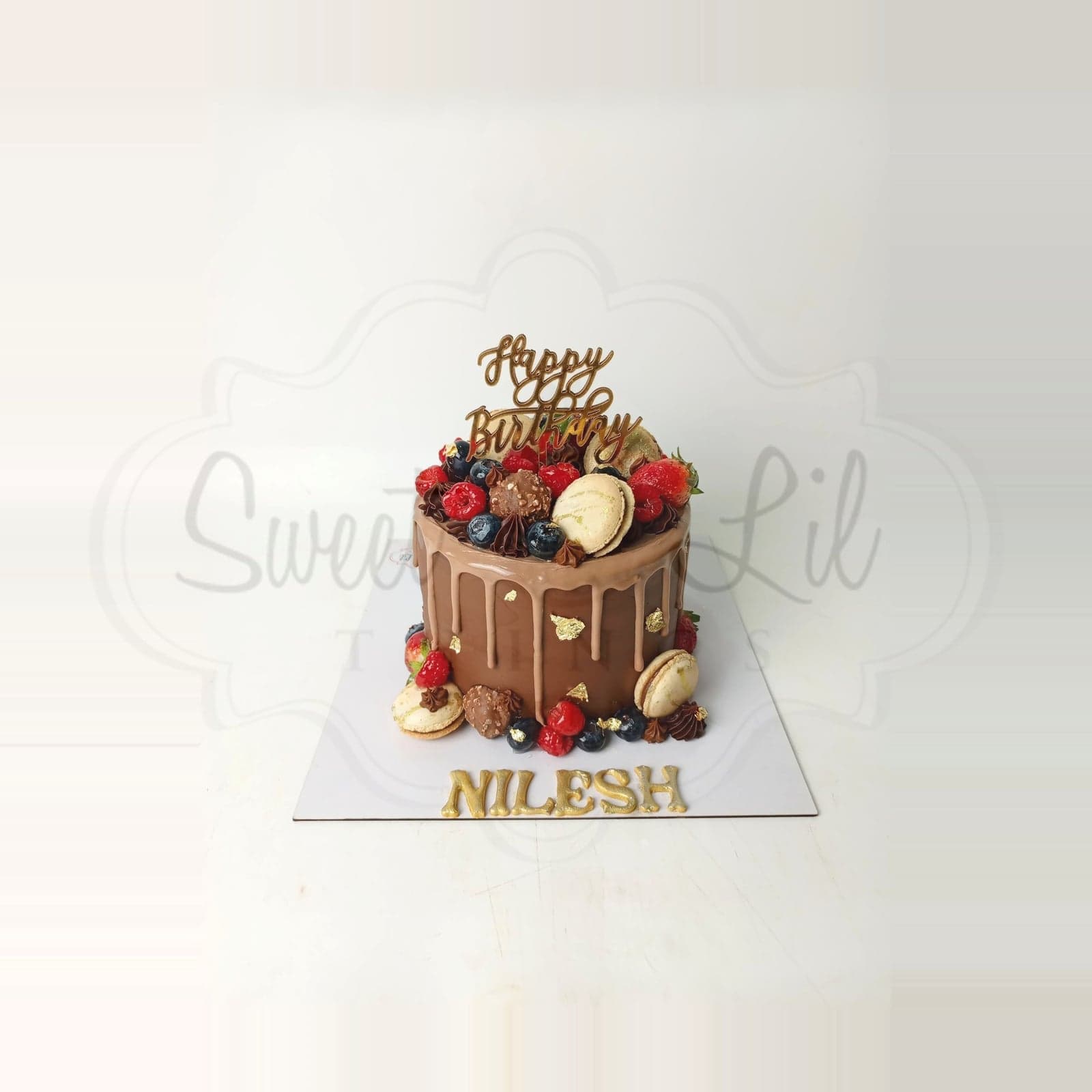 Chocolate Drip Berries and Macarons Cake photo 2