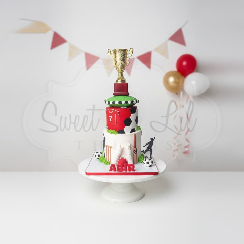 Cricket and Football Trophy Cake