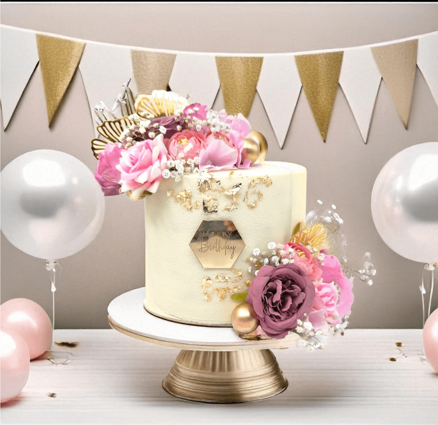 Elegant Floral Birthday Cake with Gold Accents