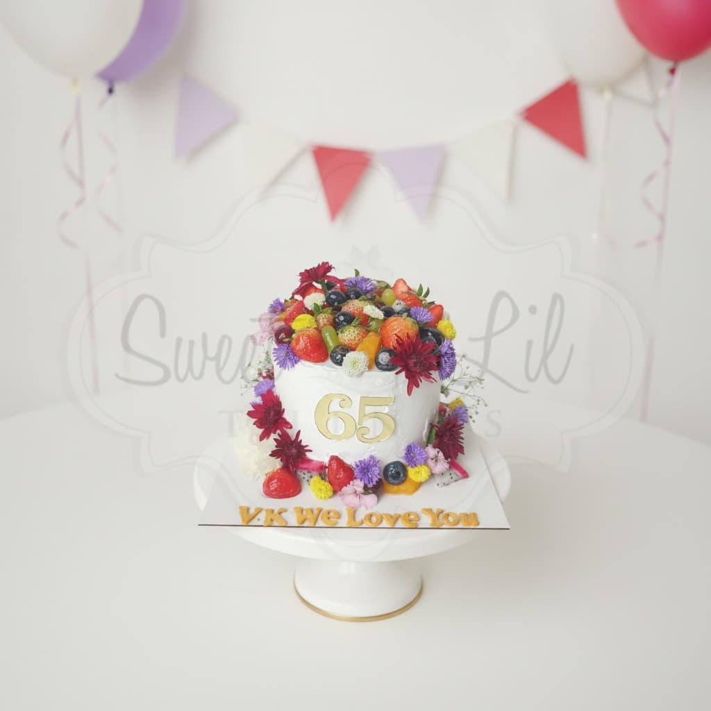 Fresh Fruit and Flowers 65th Birthday Cake