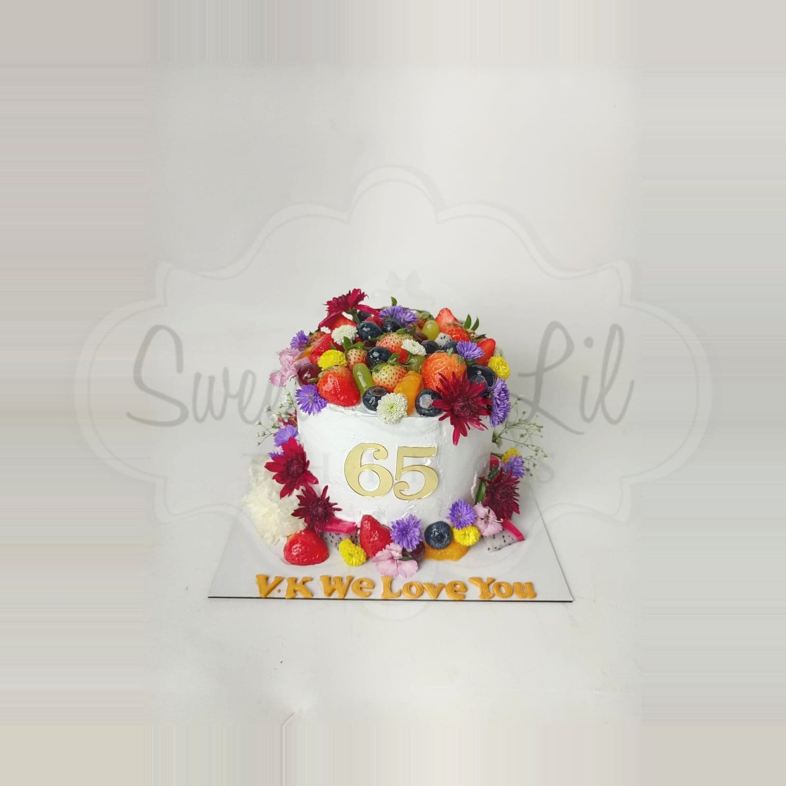 Fresh Fruit and Flowers 65th Birthday Cake photo 2
