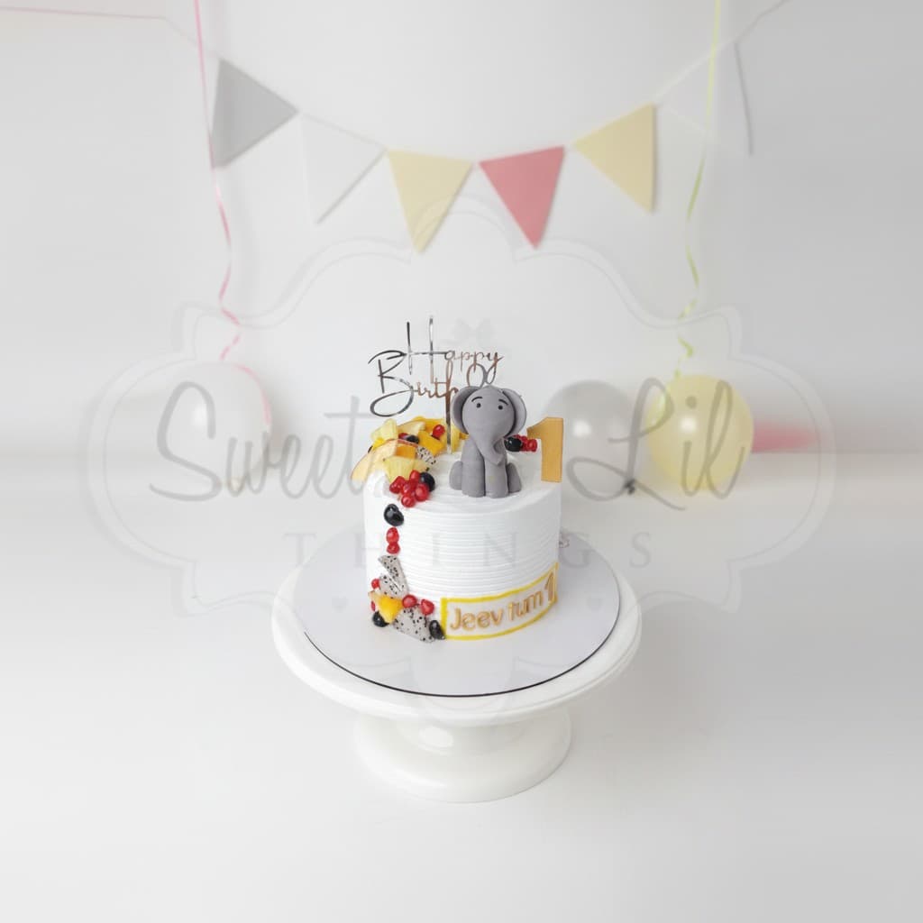 Baby Elephant First Birthday Cake — Grey