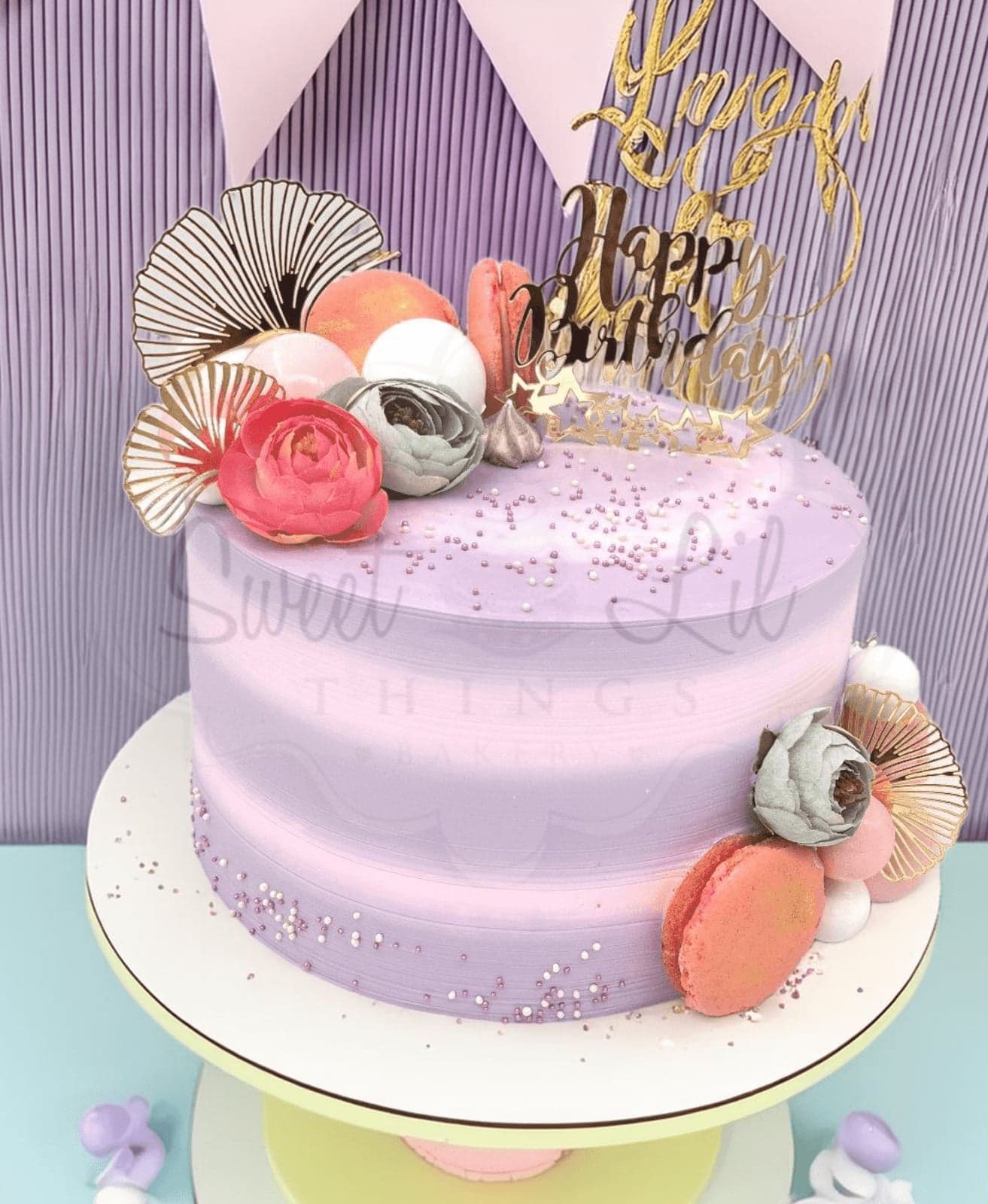 Lavender Floral Birthday Cake with Macaroons
