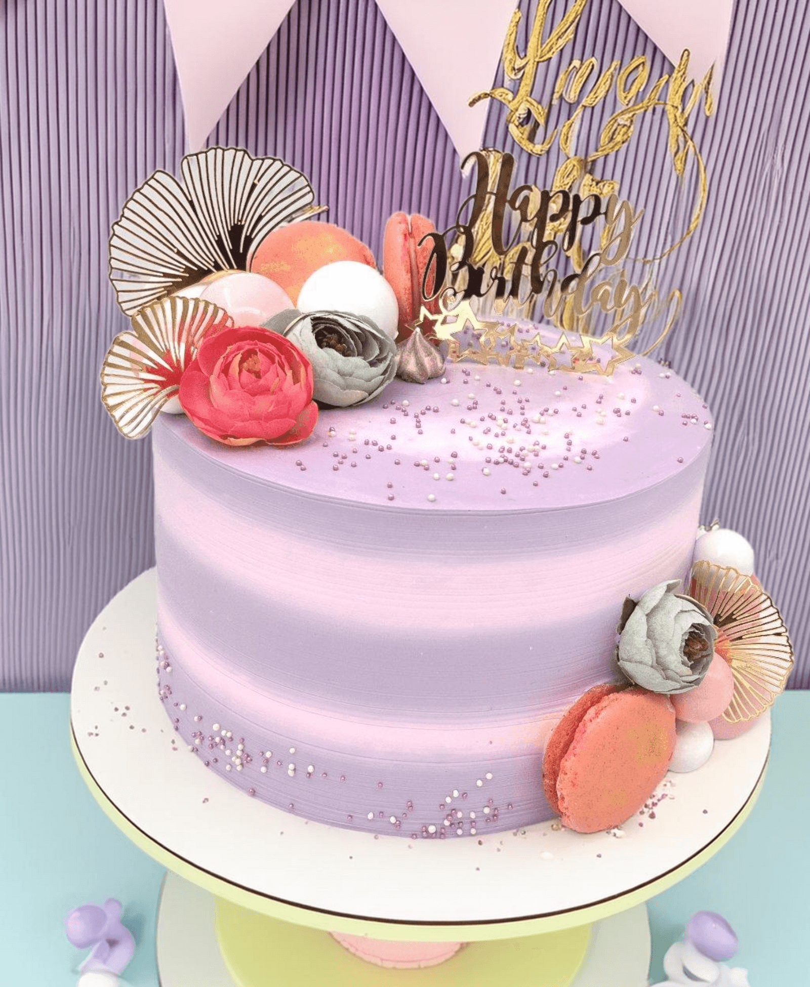 Lavender Floral Birthday Cake with Macaroons