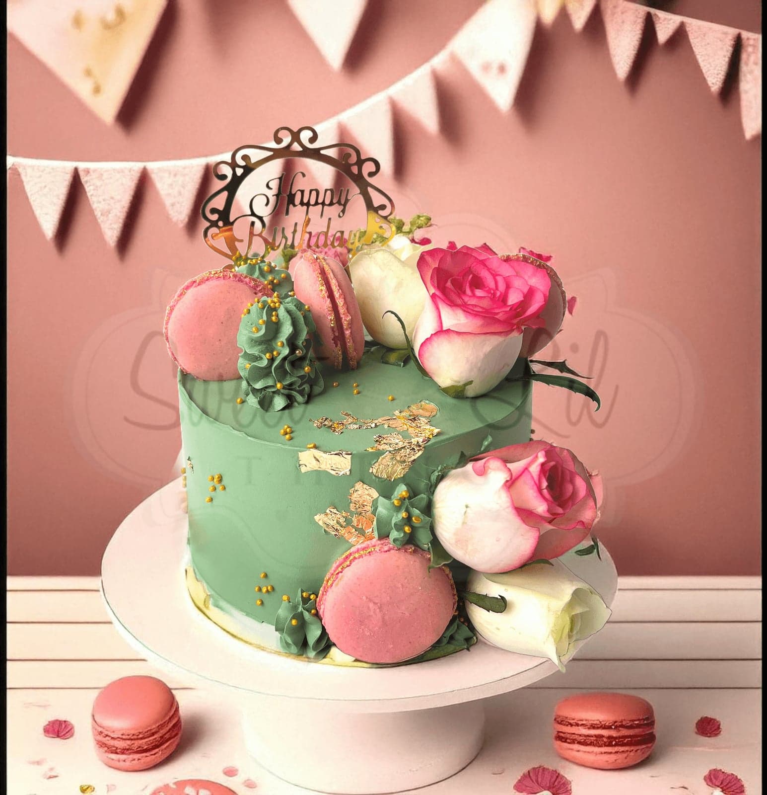 Macaroons and Gold Foil Floral Birthday Cake