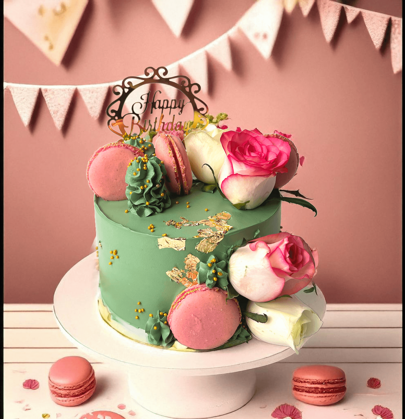 Macaroons and Gold Foil Floral Birthday Cake