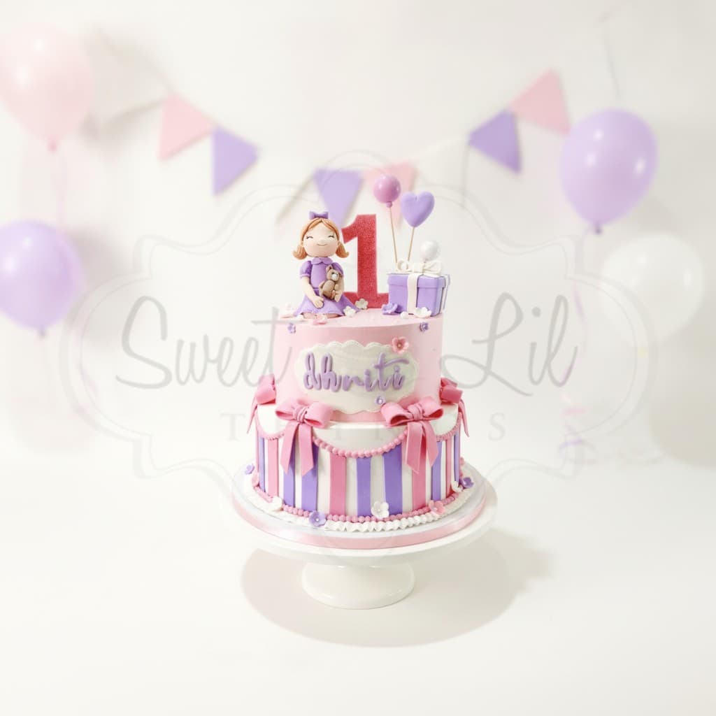 Pink and Purple Bows First Birthday Cake